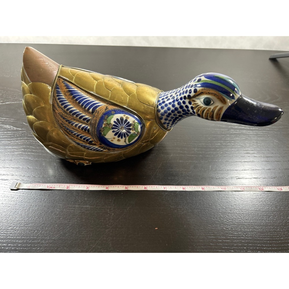 Vintage Tonala Mexico Brass and Pottery Duck Figurine El Palomar Style Folk Art - Picture 9 of 9